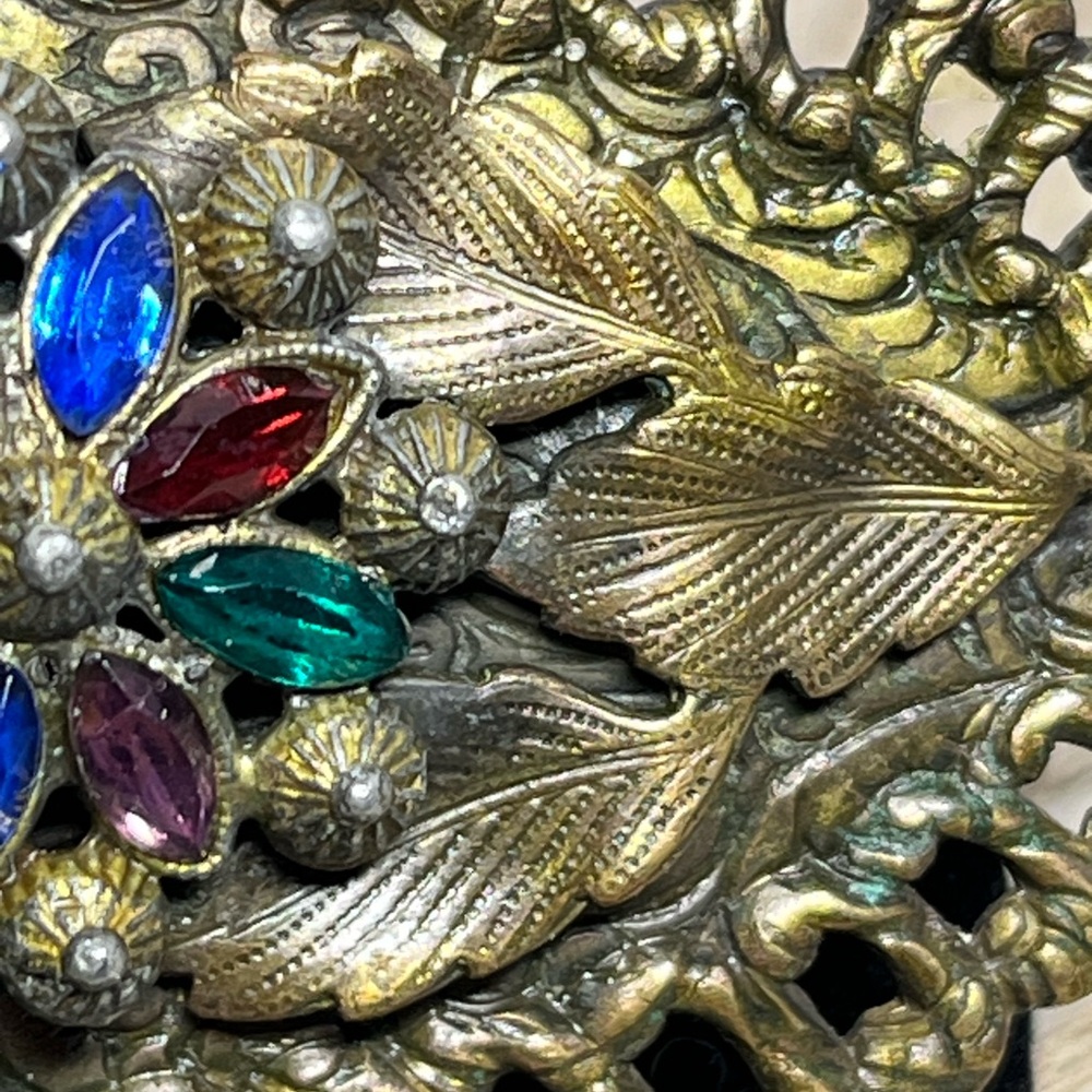 Vintage Florenza Style Rhinestone Floral Brooch Filigree Statement Pin - Picture 11 of 12